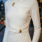 White Sheath Round Neck Long Formal Dress with Ruching