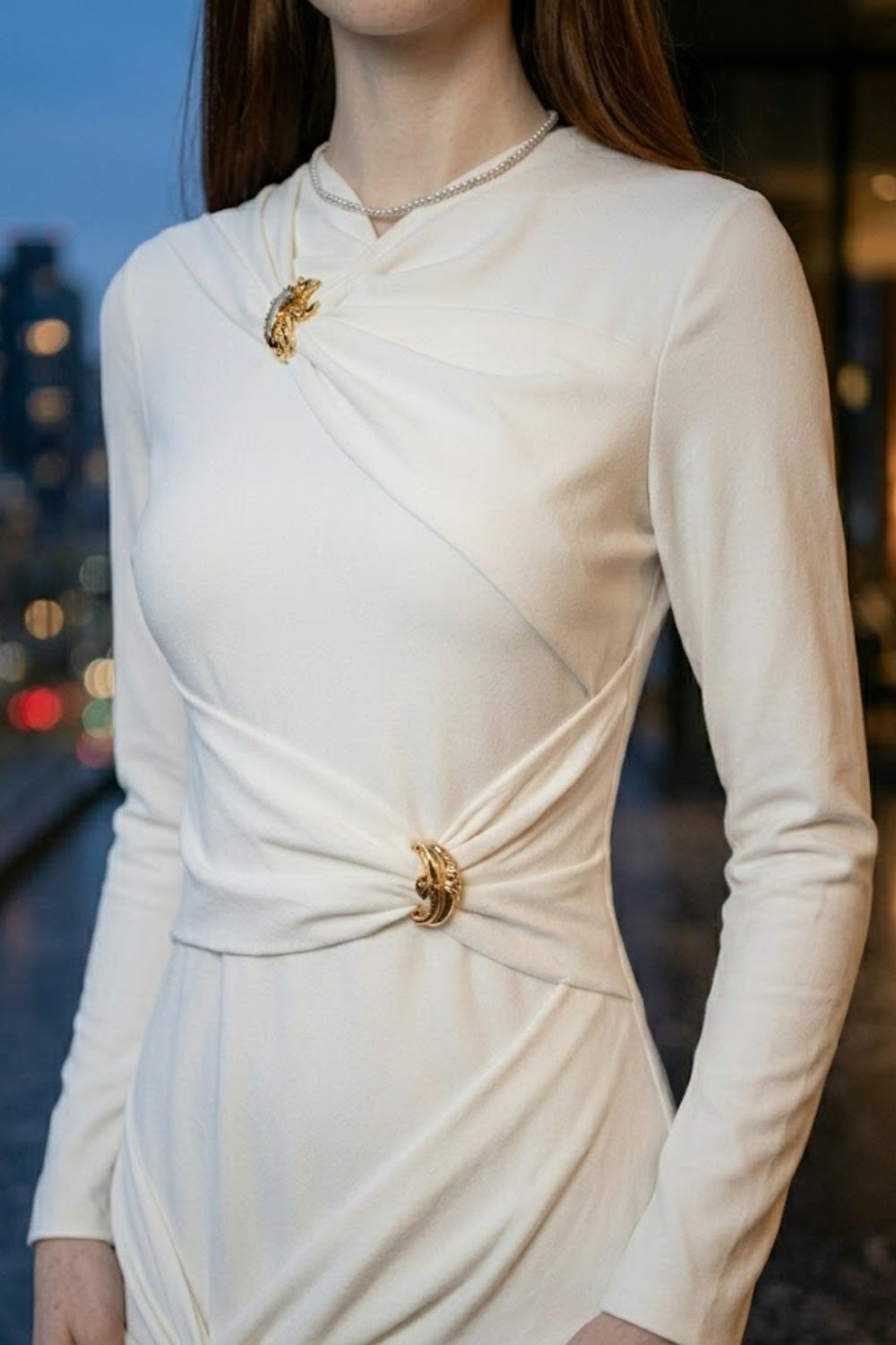 White Sheath Round Neck Long Formal Dress with Ruching