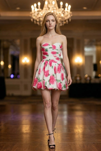 Pink Floral A Line Sweetheart Mini Homecoming Dress with Pleats
