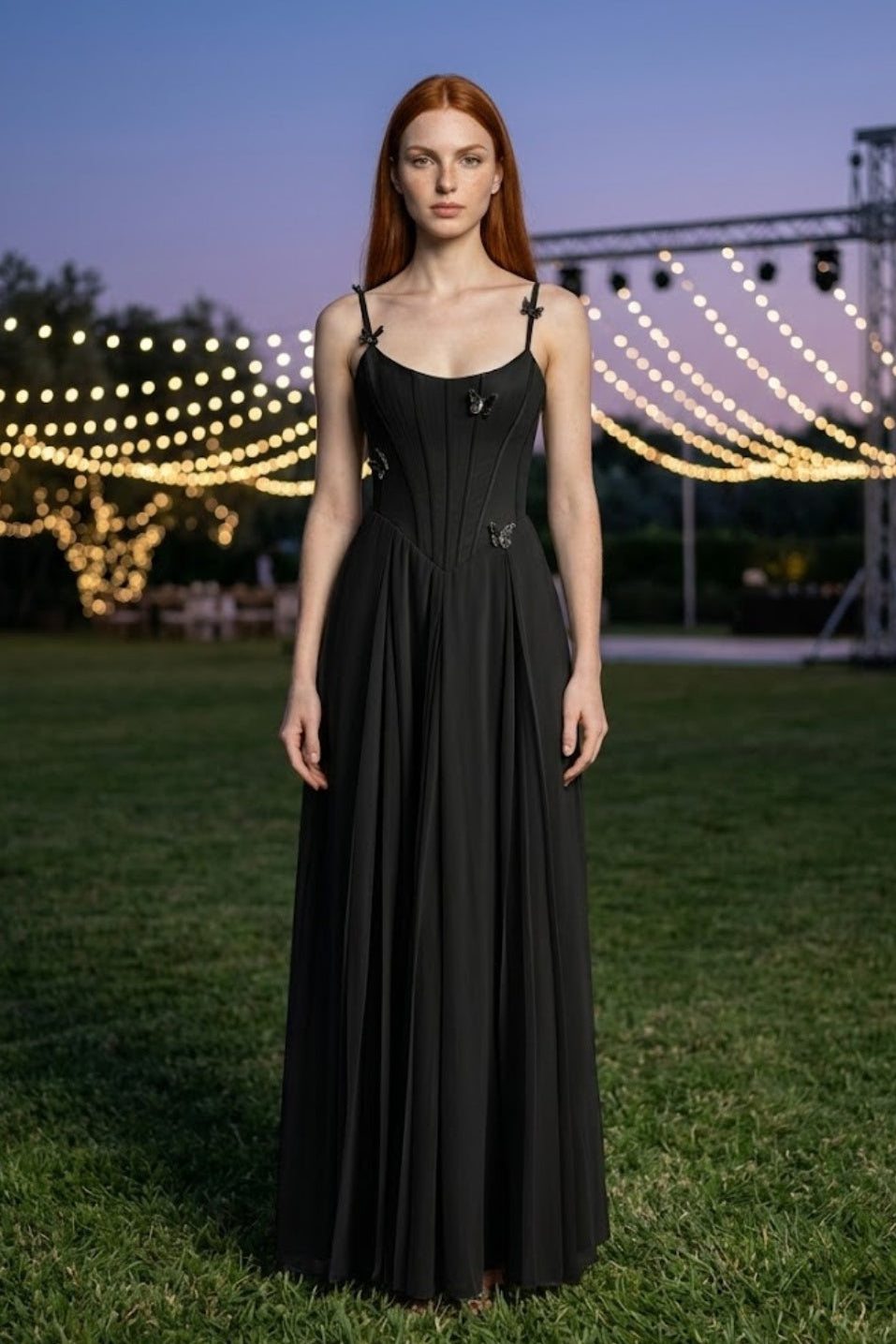 Corset Black A Line Spaghetti Straps Long Prom Dress
