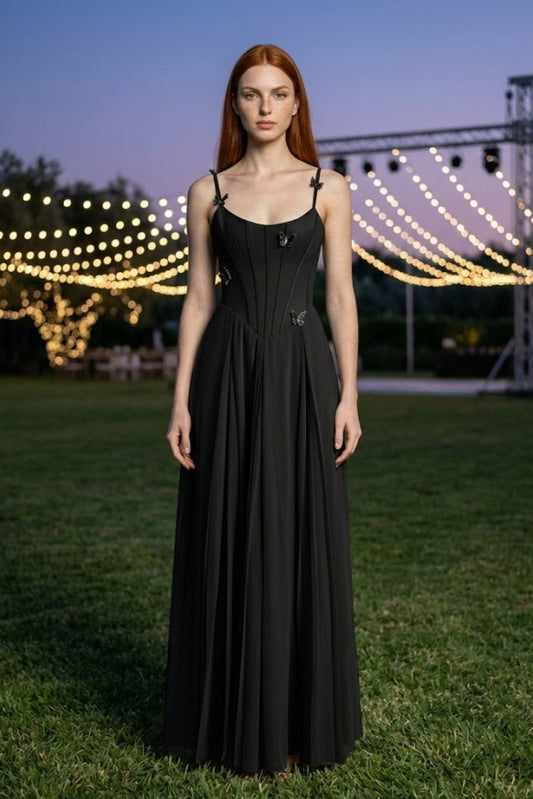 Corset Black A Line Spaghetti Straps Long Prom Dress
