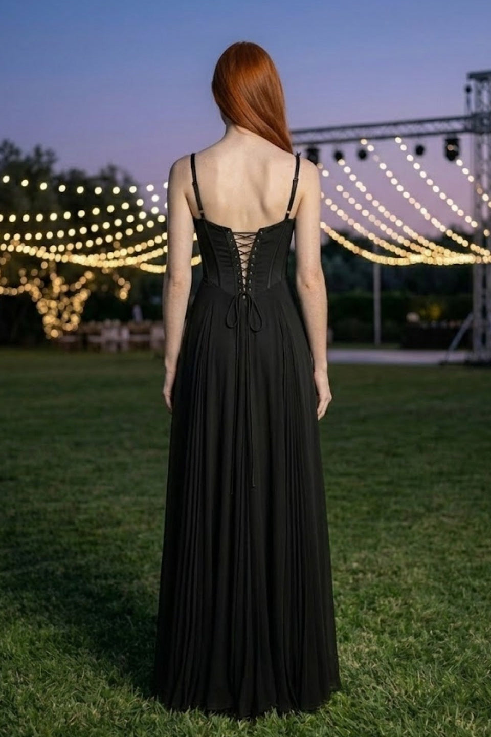Corset Black A Line Spaghetti Straps Long Prom Dress
