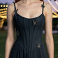 Corset Black A Line Spaghetti Straps Long Prom Dress
