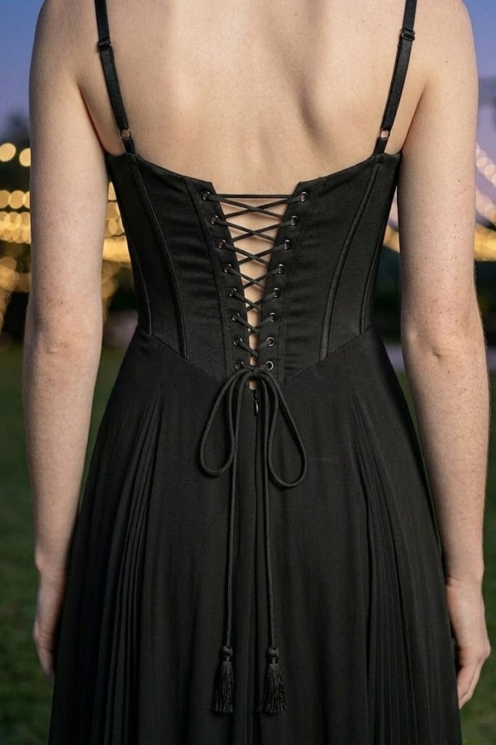 Corset Black A Line Spaghetti Straps Long Prom Dress