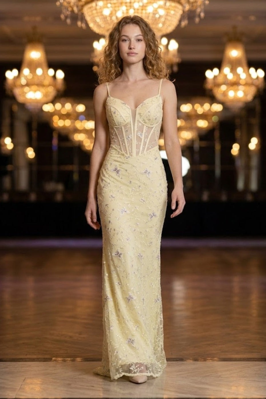 Corset Yellow Sheath Spaghetti Straps Long Prom Dress with Lace