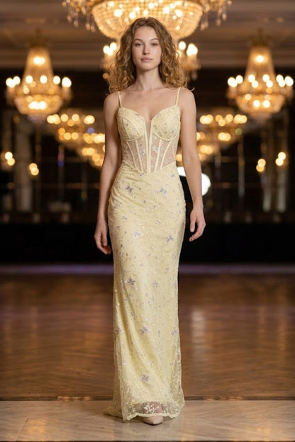 Corset Yellow Sheath Spaghetti Straps Long Prom Dress with Lace
