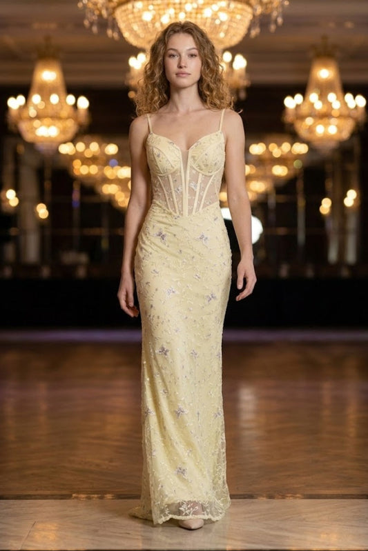 Corset Yellow Sheath Spaghetti Straps Long Prom Dress with Lace