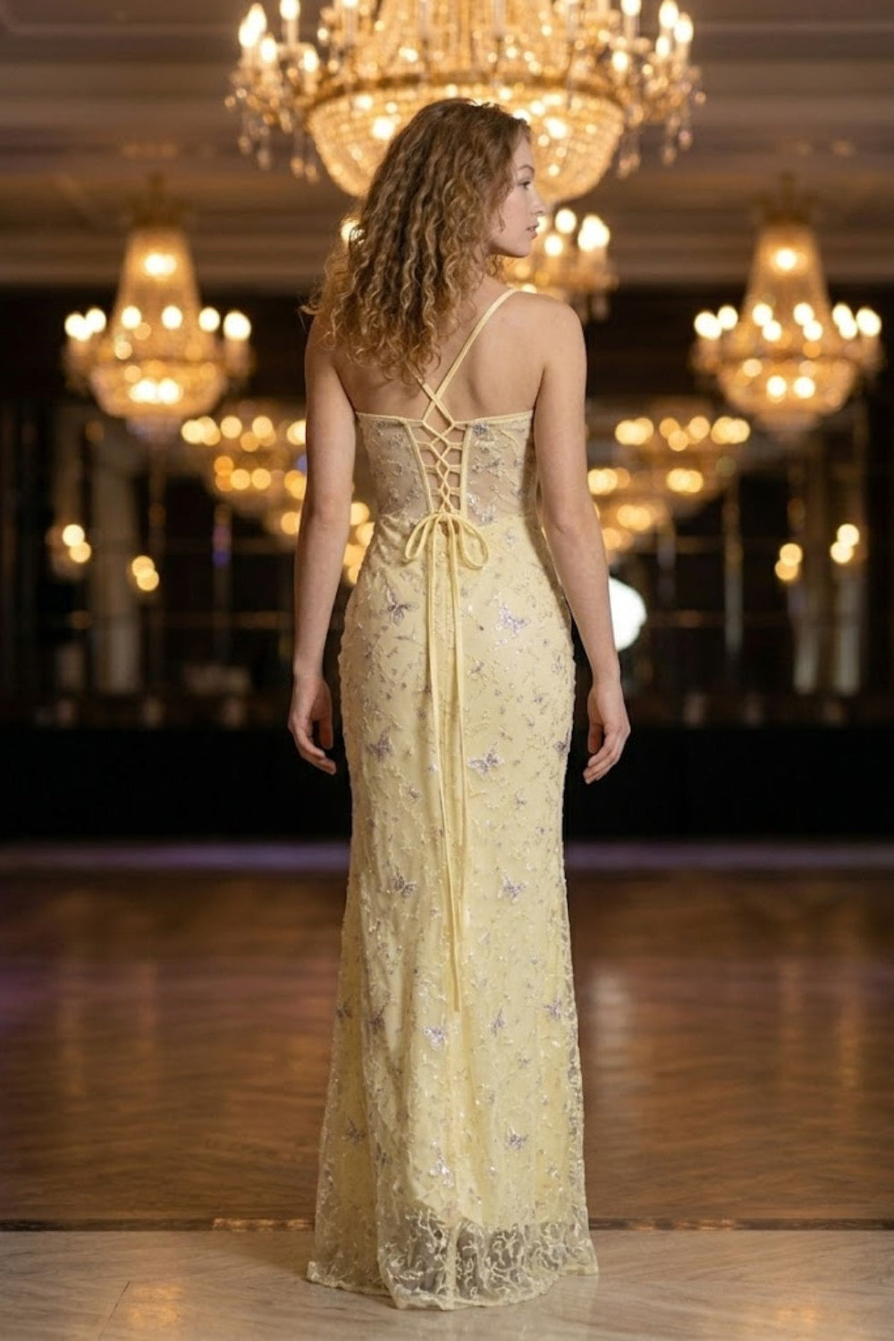 Corset Yellow Sheath Spaghetti Straps Long Prom Dress with Lace