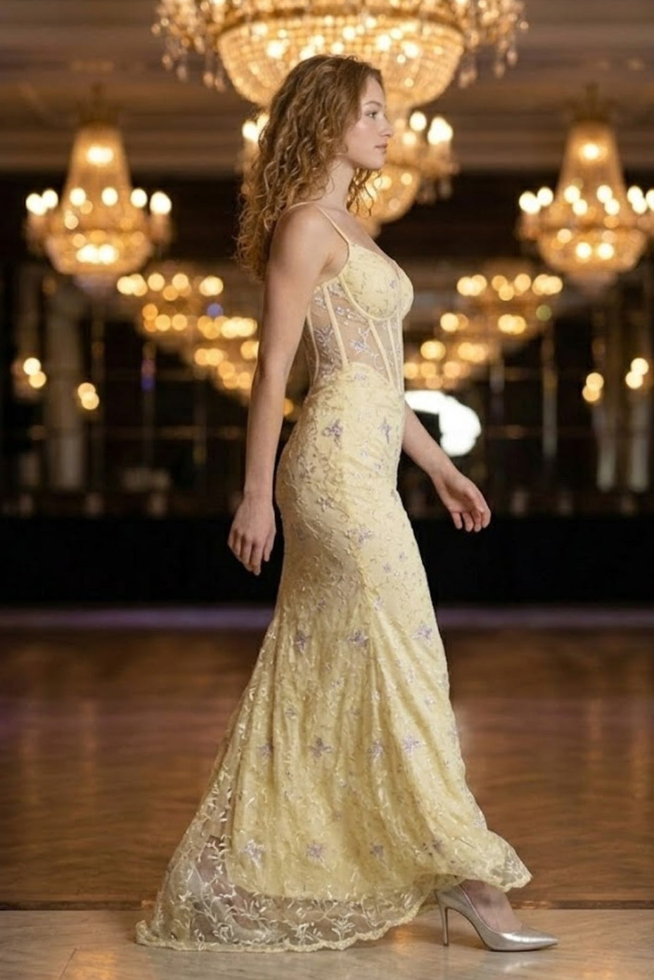 Corset Yellow Sheath Spaghetti Straps Long Prom Dress with Lace