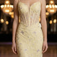Corset Yellow Sheath Spaghetti Straps Long Prom Dress with Lace