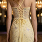 Corset Yellow Sheath Spaghetti Straps Long Prom Dress with Lace