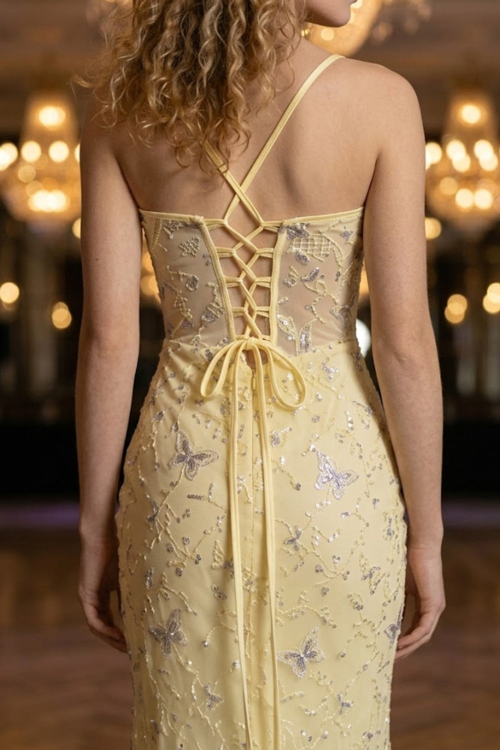Corset Yellow Sheath Spaghetti Straps Long Prom Dress with Lace