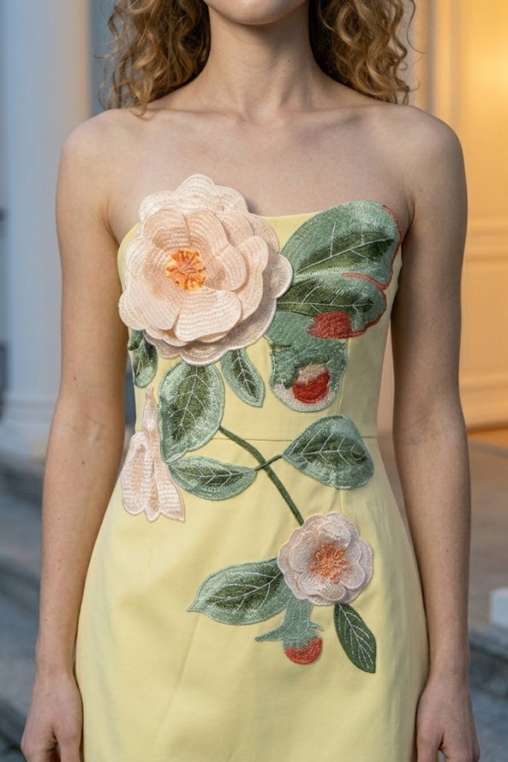 Yellow Bodycon Strapless Mini Homecoming Dress with 3D Flowers