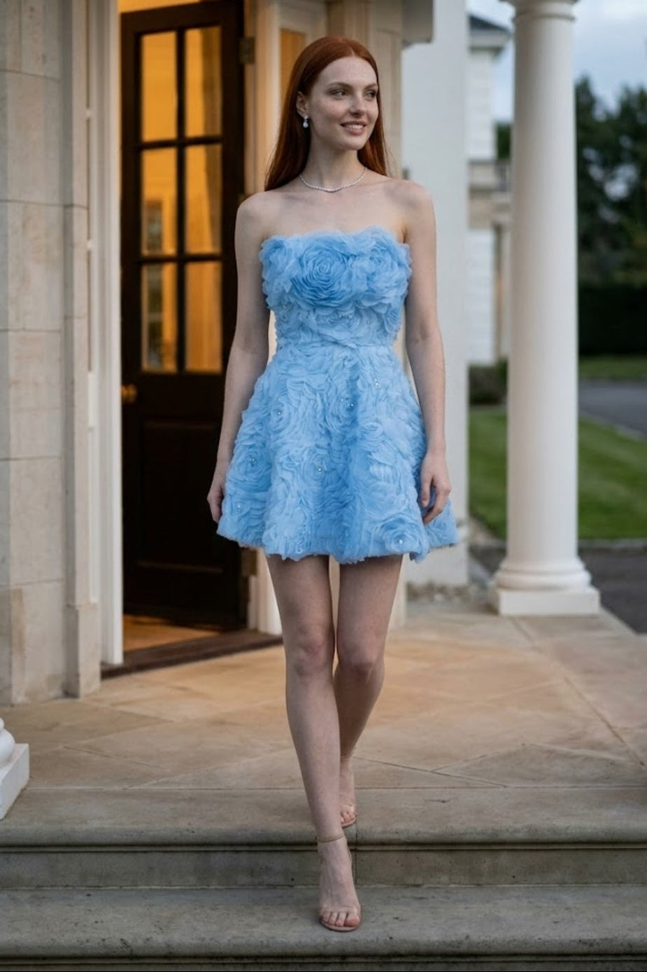 Blue Floral A Line Strapless Mini Prom Dress with 3D Flowers