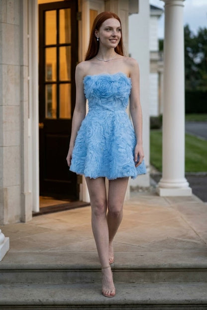 Blue Floral A Line Strapless Mini Prom Dress with 3D Flowers