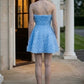 Blue Floral A Line Strapless Mini Prom Dress with 3D Flowers