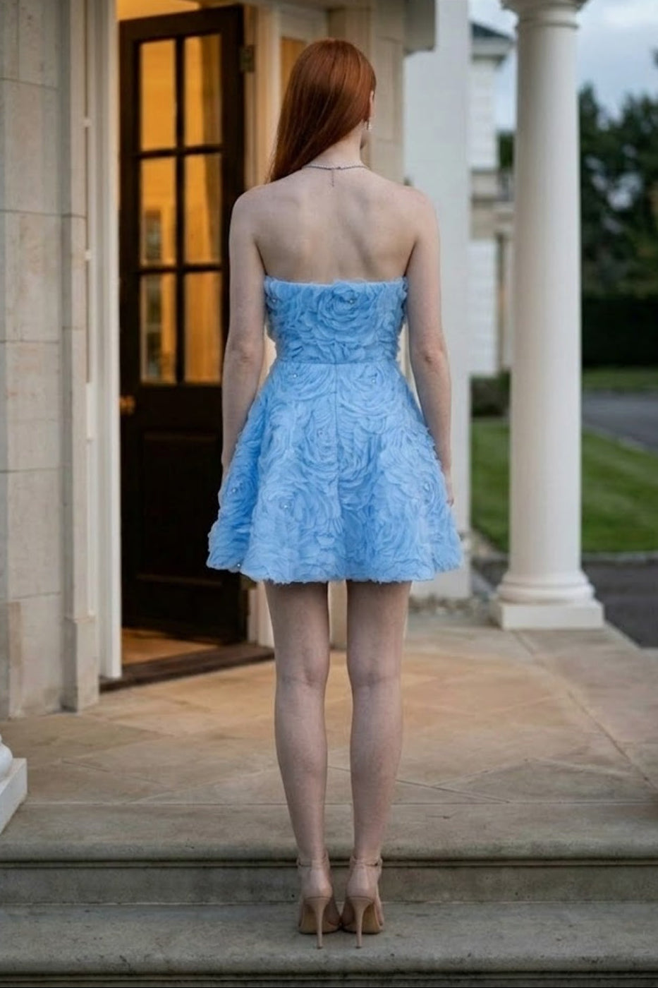 Blue Floral A Line Strapless Mini Prom Dress with 3D Flowers