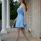 Blue Floral A Line Strapless Mini Prom Dress with 3D Flowers
