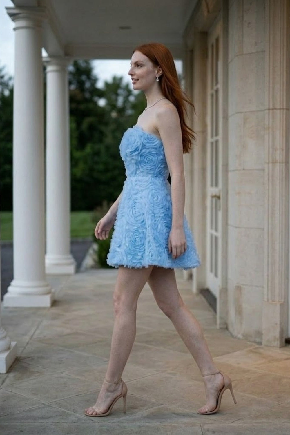 Blue Floral A Line Strapless Mini Prom Dress with 3D Flowers