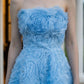 Blue Floral A Line Strapless Mini Prom Dress with 3D Flowers
