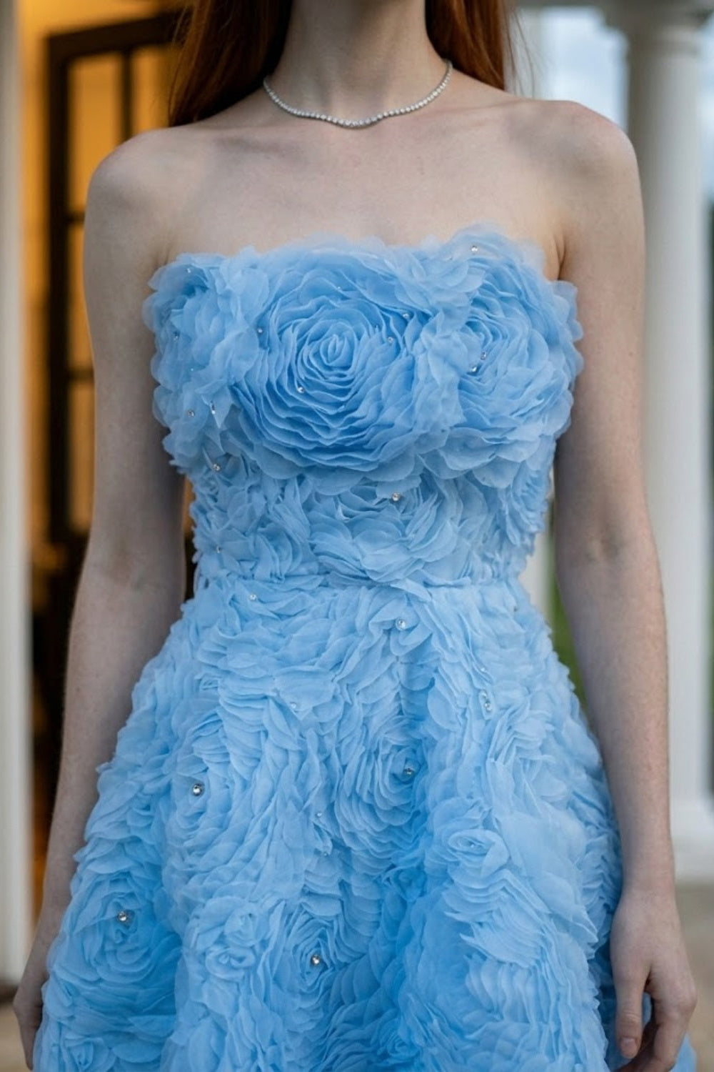 Blue Floral A Line Strapless Mini Prom Dress with 3D Flowers