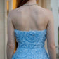 Blue Floral A Line Strapless Mini Prom Dress with 3D Flowers
