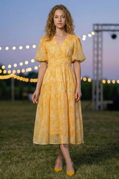 Yellow Floral A Line V Neck Midi Prom Dress