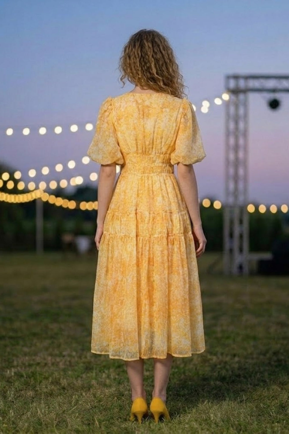 Yellow Floral A Line V Neck Midi Prom Dress