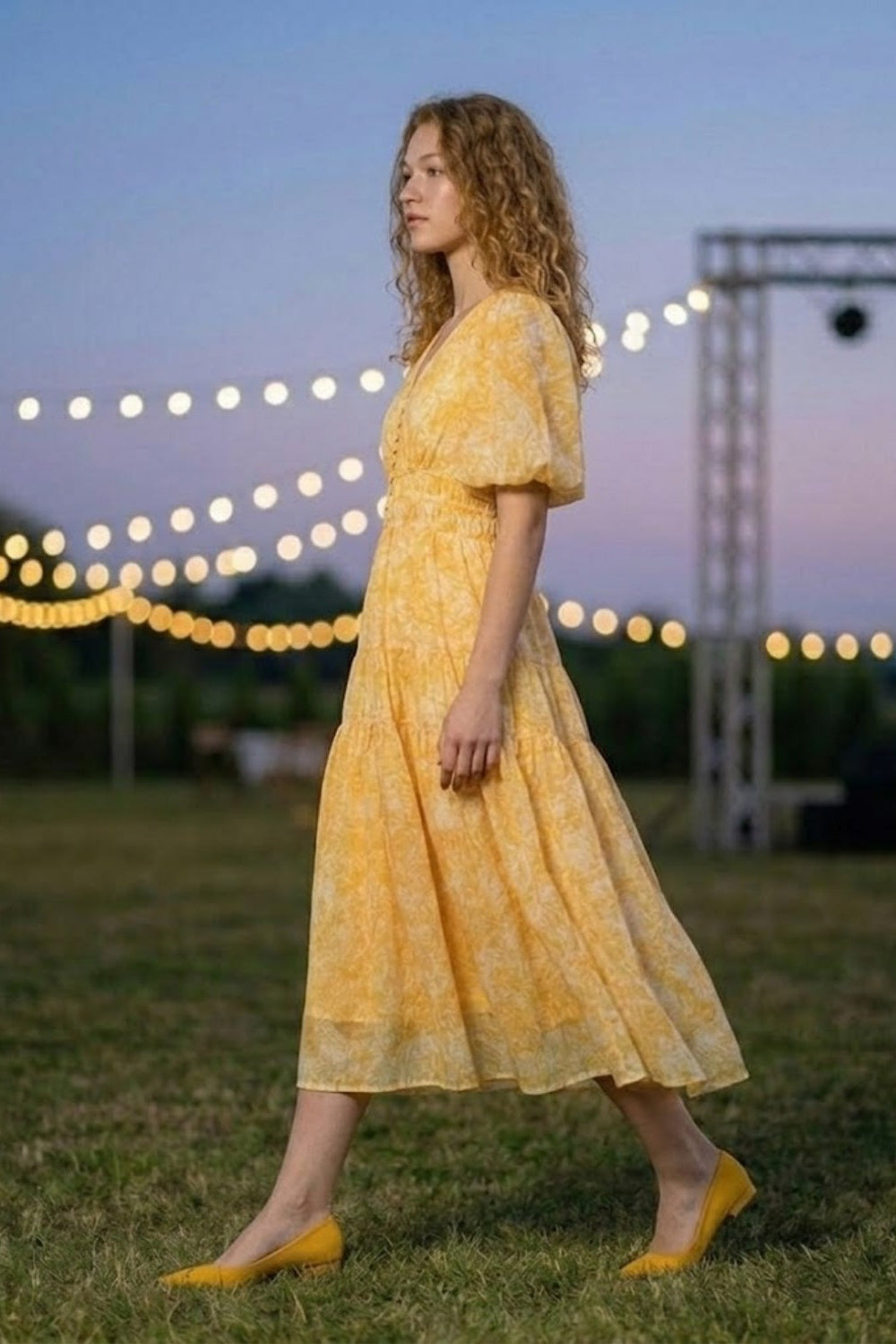 Yellow Floral A Line V Neck Midi Prom Dress