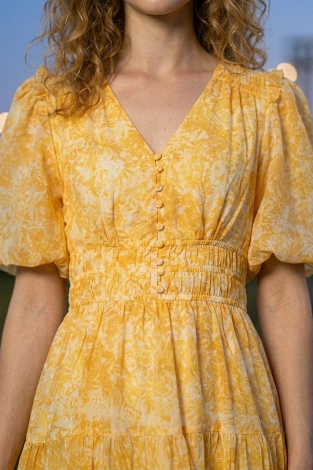 Yellow Floral A Line V Neck Midi Prom Dress