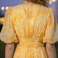 Yellow Floral A Line V Neck Midi Prom Dress
