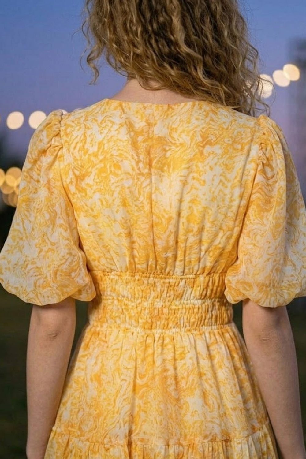 Yellow Floral A Line V Neck Midi Prom Dress