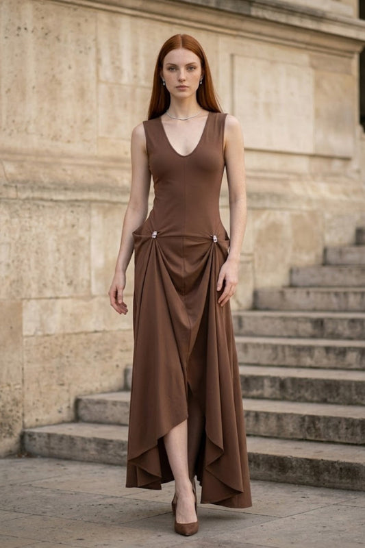 Brown A Line V Neck Long Formal Dress with Drape