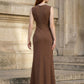 Brown A Line V Neck Long Formal Dress with Drape