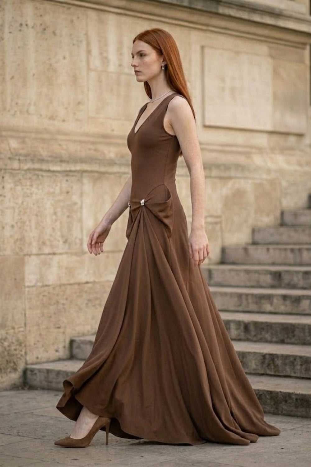 Brown A Line V Neck Long Formal Dress with Drape