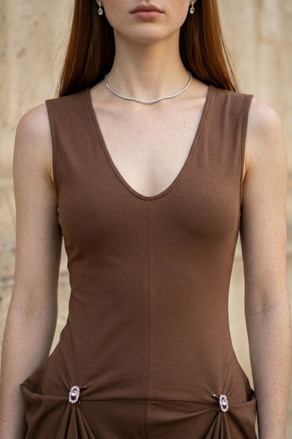 Brown A Line V Neck Long Formal Dress with Drape