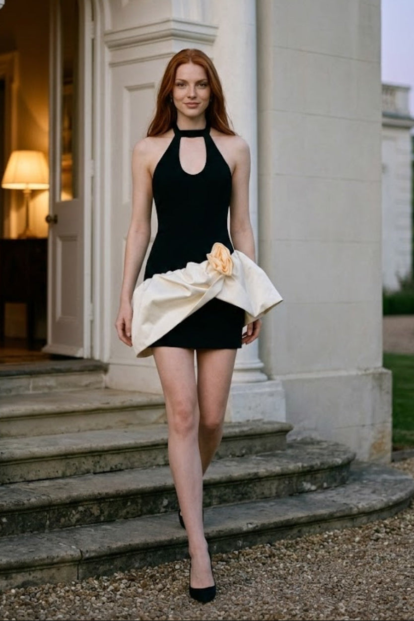 Black and White Bodycon Halter Short Homecoming Dress with 3D Flowers