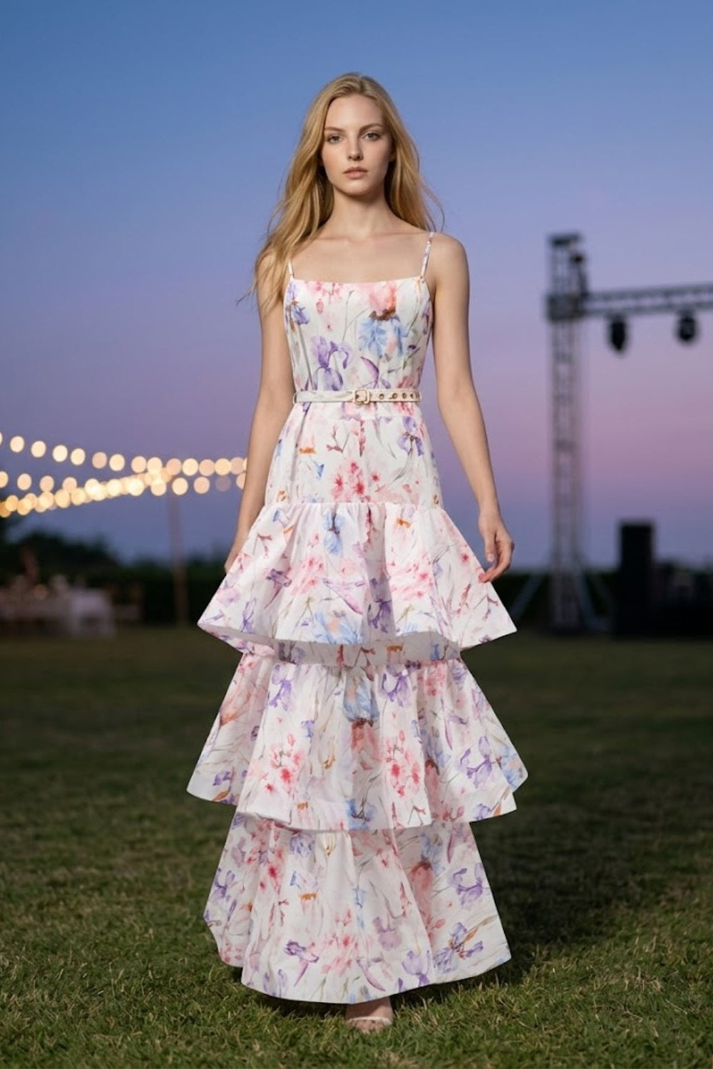Lilac Floral A Line Spaghetti Straps Long Prom Dress with Belt