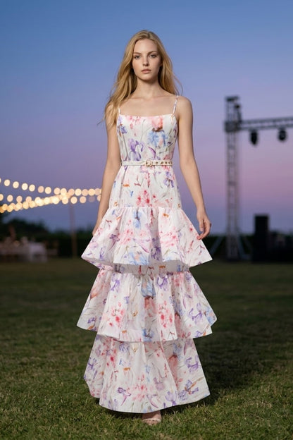 Lilac Floral A Line Spaghetti Straps Long Prom Dress with Belt