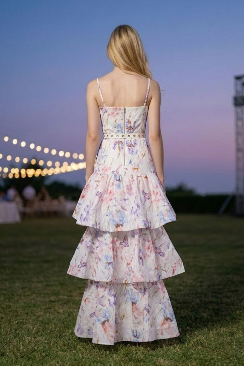 Lilac Floral A Line Spaghetti Straps Long Prom Dress with Belt