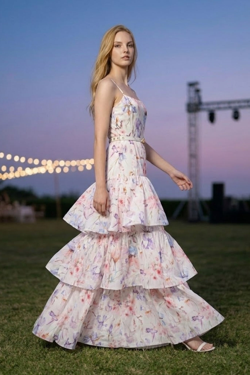Lilac Floral A Line Spaghetti Straps Long Prom Dress with Belt