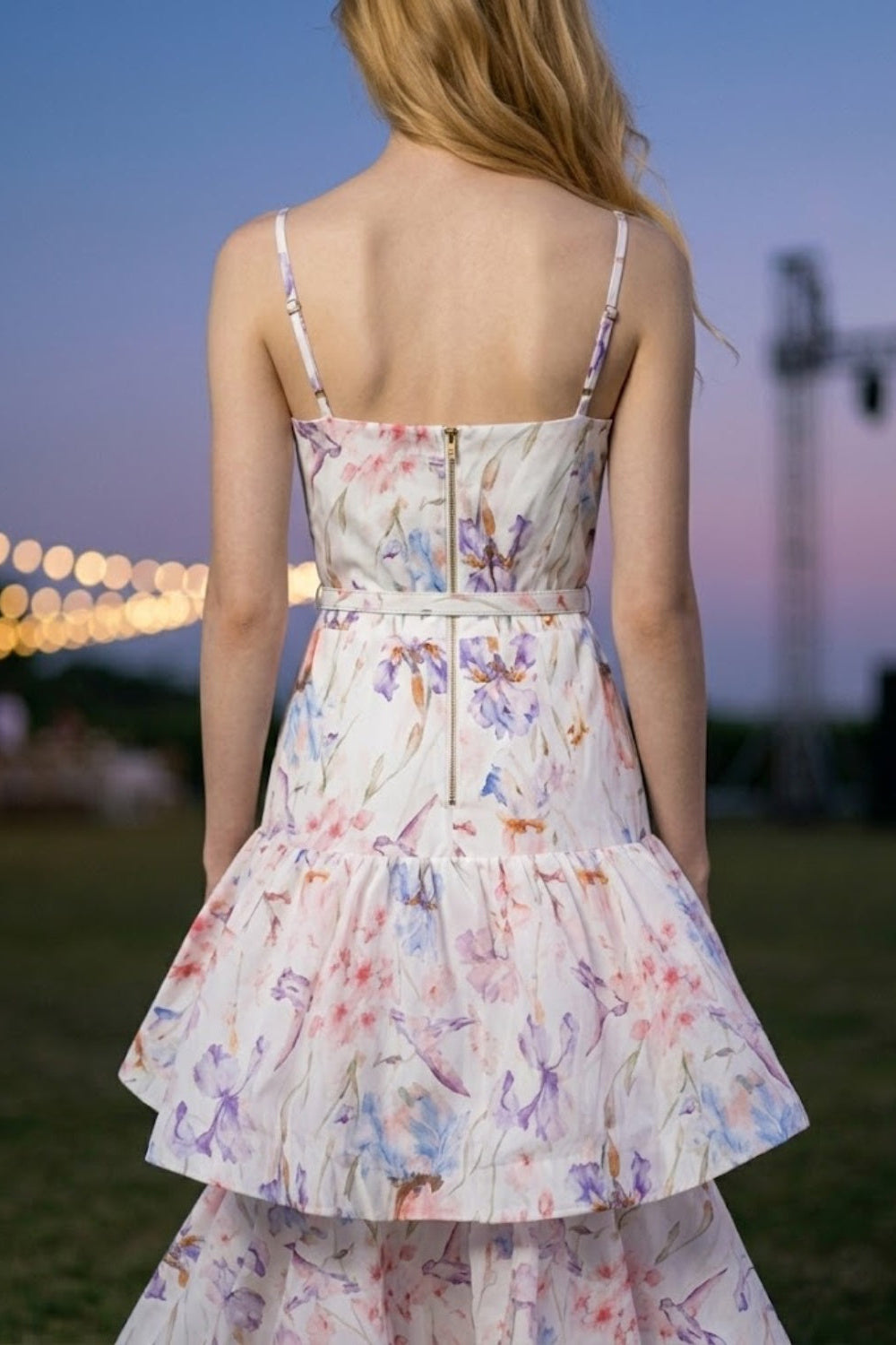 Lilac Floral A Line Spaghetti Straps Long Prom Dress with Belt