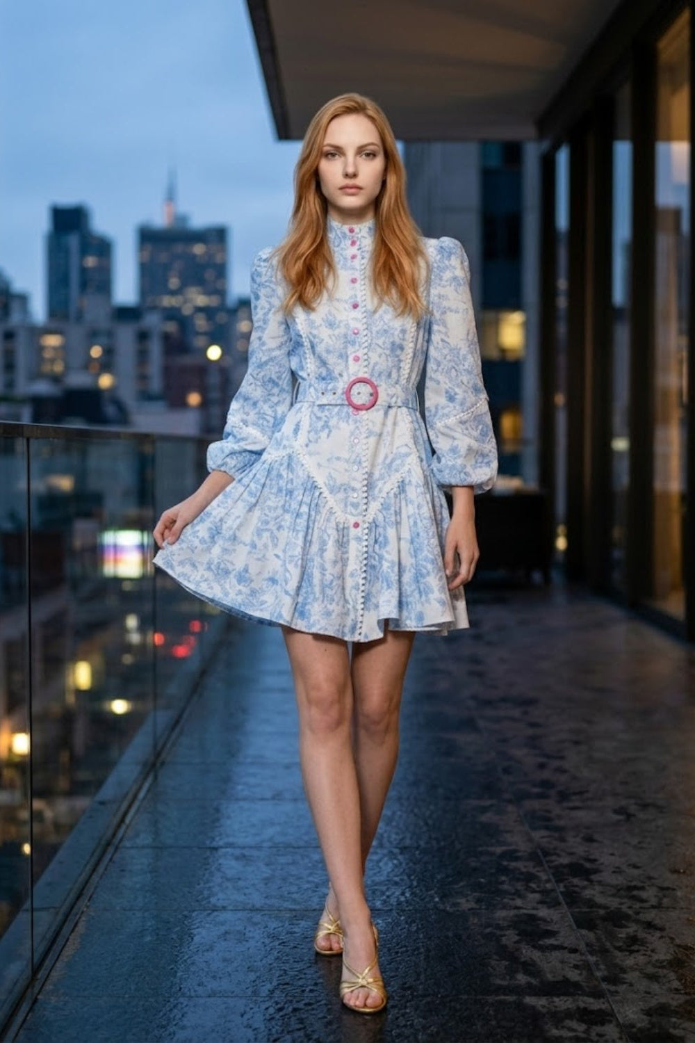 Light Blue Floral A Line High Neck Mini Homecoming Dress with Belt