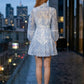 Light Blue Floral A Line High Neck Mini Homecoming Dress with Belt