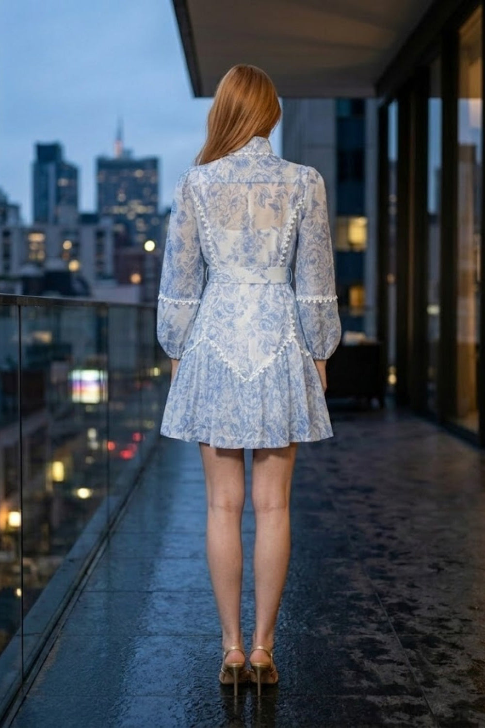 Light Blue Floral A Line High Neck Mini Homecoming Dress with Belt