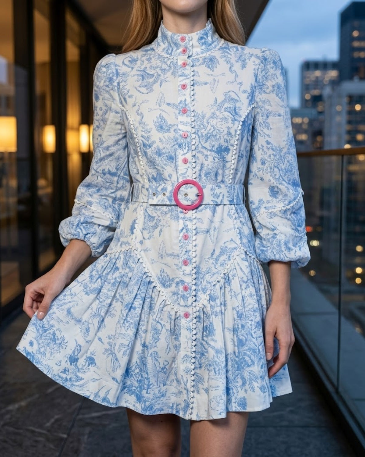 Light Blue Floral A Line High Neck Mini Homecoming Dress with Belt