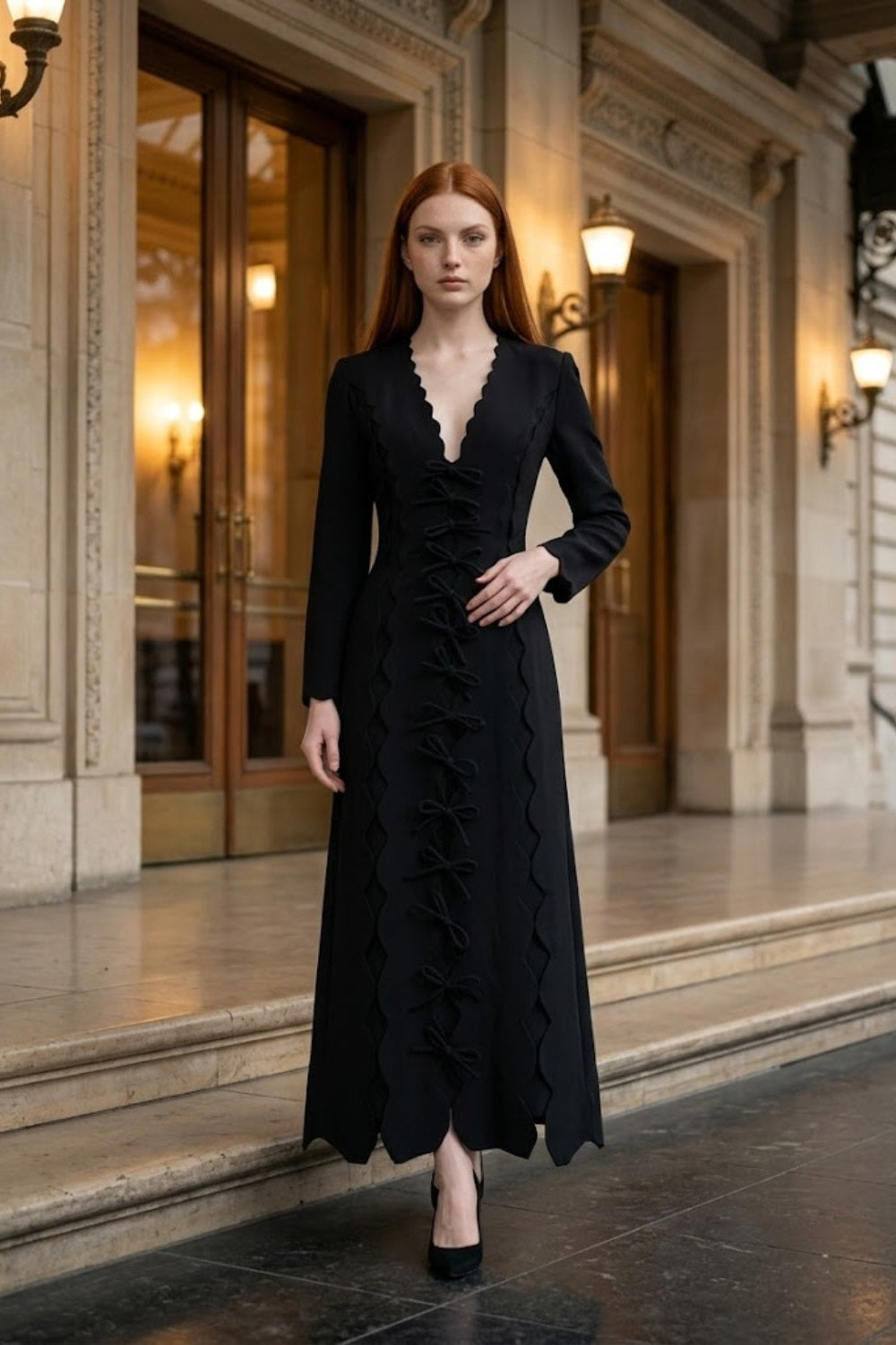 Black A Line V Neck Long Formal Dress with Bow