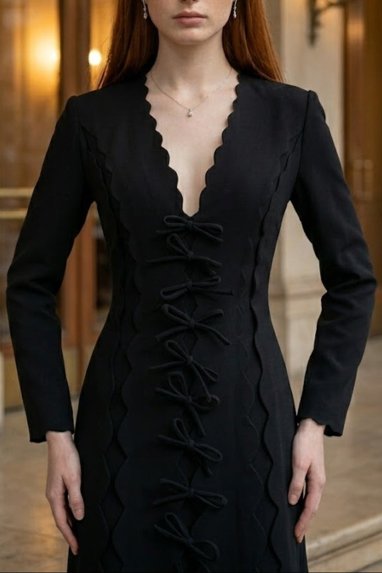 Black A Line V Neck Long Formal Dress with Bow