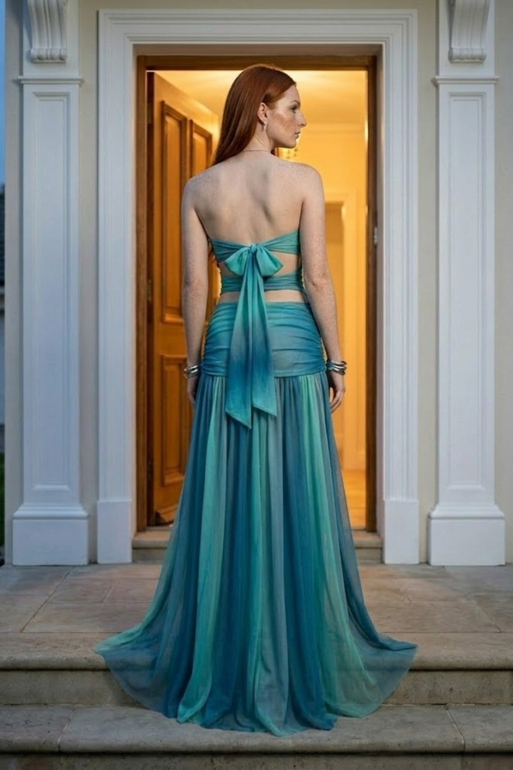 Turquoise Sheath Strapless Cutout Long Prom Dress