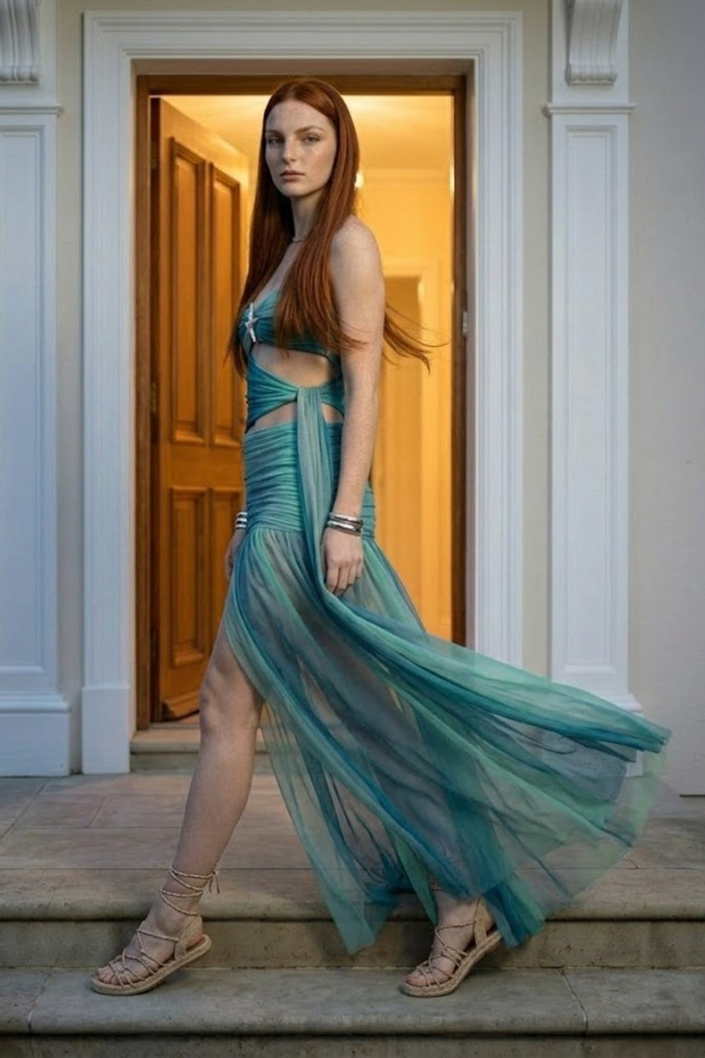 Turquoise Sheath Strapless Cutout Long Prom Dress
